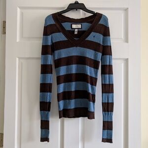 American Eagle Outfitters Brown and Blue Striped V-Neck Sweater